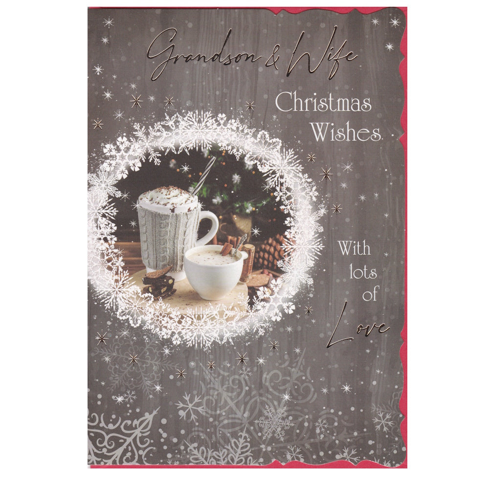 Grandad and Wife Christmas Card. This card has an illustration of Christmas themed mugs surrounded by a circle of snowflakes, paired with a message. Gold foil detail.