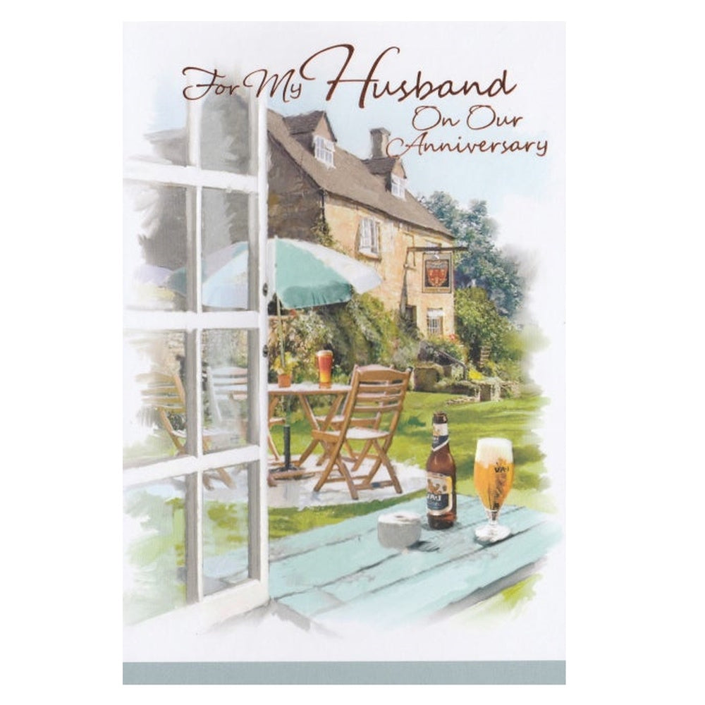This husband anniversary card has an illustration of a pub beer garden with the text 'For My Husband On Our Anniversary'. God foil detail.