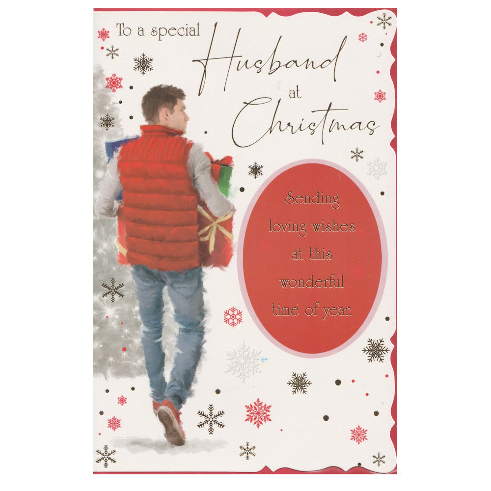 Front of this husband Christmas card features an illustration of a man carrying Christmas presents, surrounded by colourful snowflakes, paired with a message.