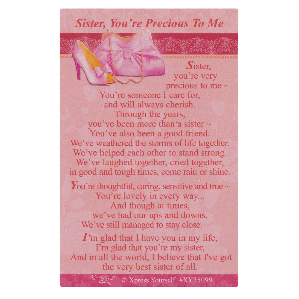Sister, You're Precious To Me keepsake wallet card.