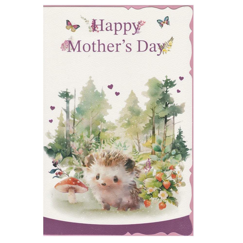 Front of this mother's day card features an illustration of a hedgehog in a mushroom and strawberry garden with the text 'Happy Mother's Day'.