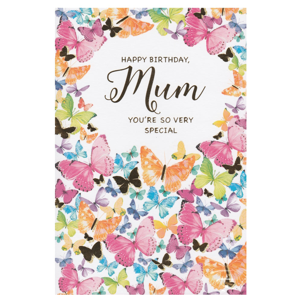 Front of this card features illustrations of multicoloured butterflies, paired with a message.