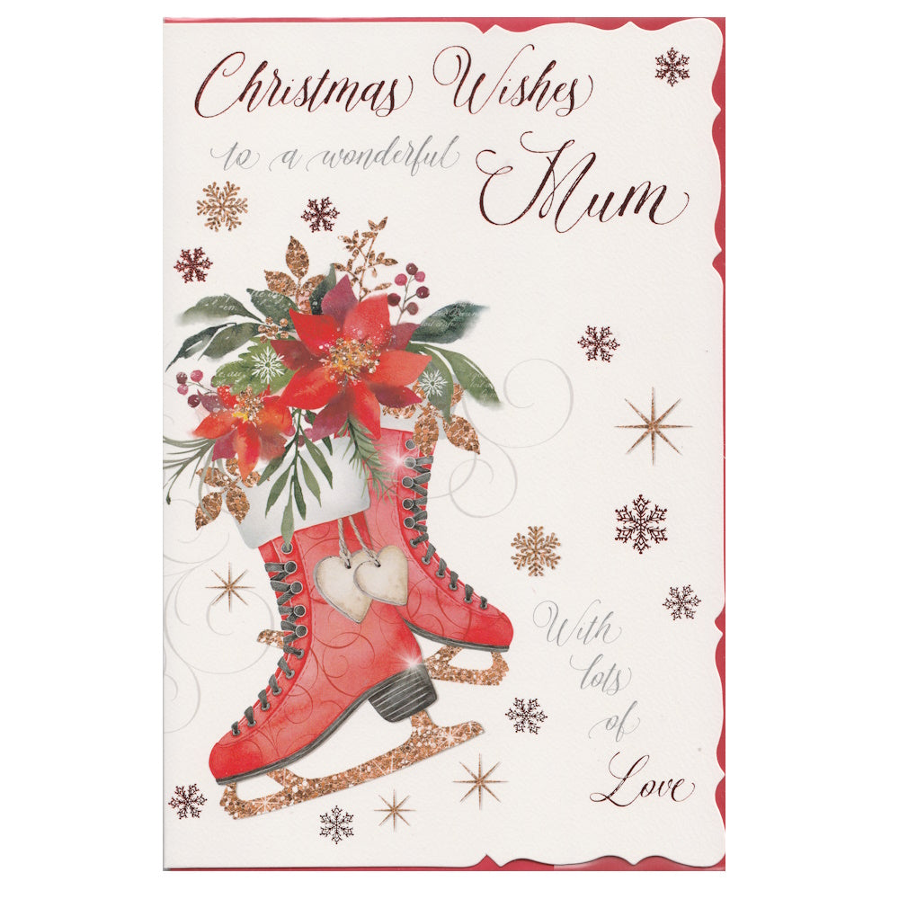 Front of this mum Christmas card features an illustration of a pair of ice skates filled with poinsettia flowers, paired with a message.