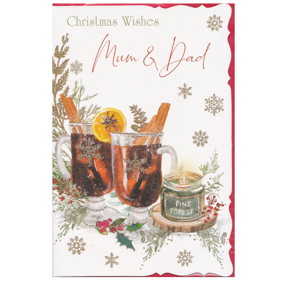 Front of this mum and dad Christmas card features an illustration of two glasses of mulled wine and a lit Christmas candle with the text 'Christmas Wishes Mum & Dad'.