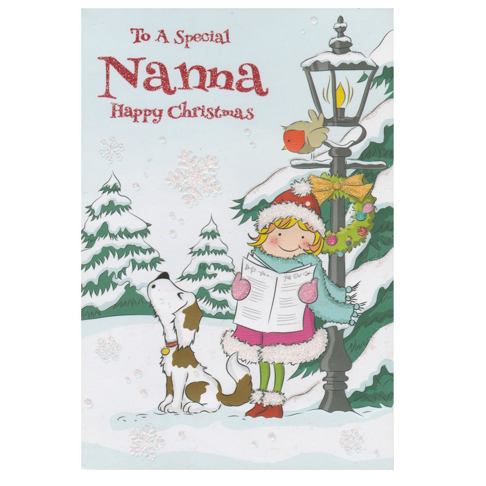 Front of this nanna Christmas card features an illustration of a snowman and a young girl, in a snowy scene, with the text 'For You, Nanna' 'Happy Christmas'.