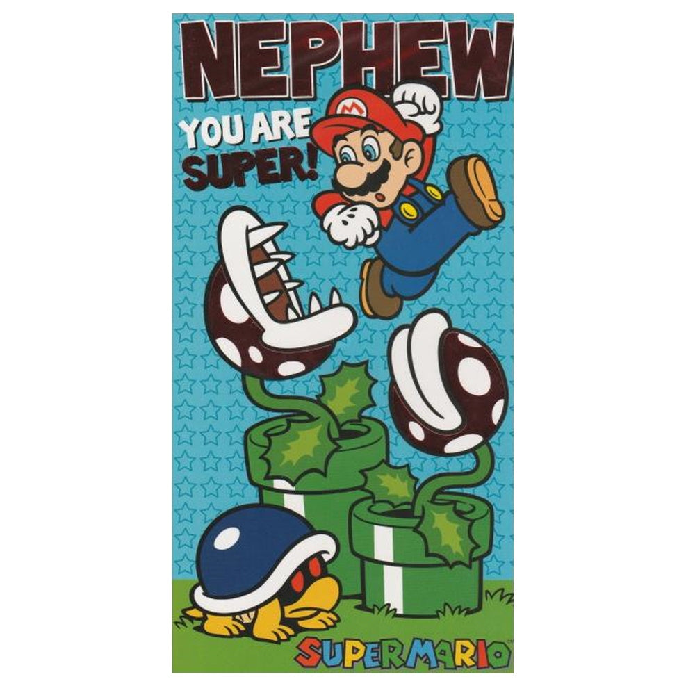 Front of this nephew birthday card features an illustration of Mario and piranha plants, paired with a message.