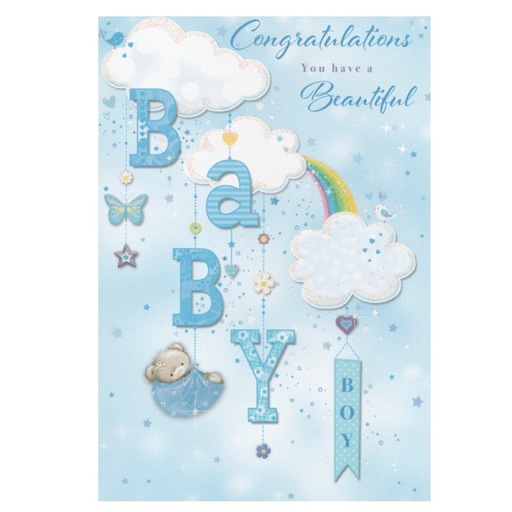 Front of this new baby boy greeting card features an illustration of clouds and a rainbow, paired with a message.