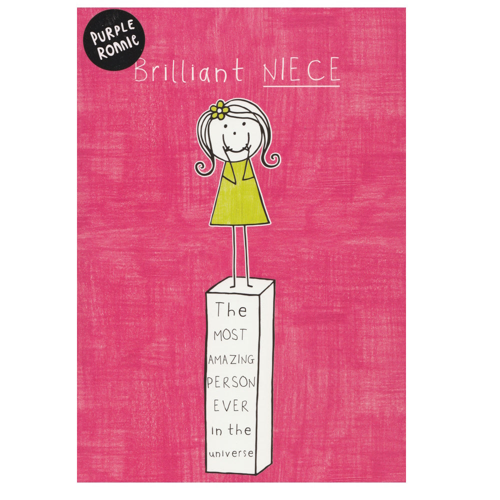 Front of this niece birthday card features a stick figure with the text 'BRILLIANT NIECE THE MOST AMAZING PERSON EVER IN THE UNIVERSE'.