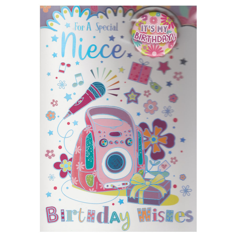 Front of this card features an illustration of a karaoke machine with a microphone, paired with a message.