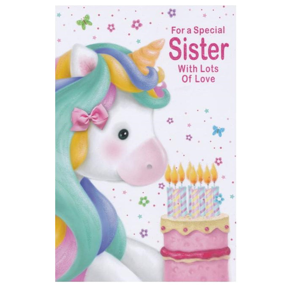 Front of this card features an illustration of a unicorn with a pink bow and a Birthday cake with the text 'For a Special Sister With Lots Of Love'.