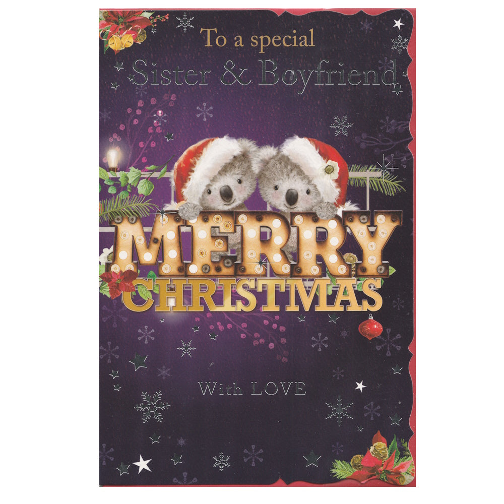 Front of this sister and boyfriend Christmas card features an illustration of two koala bears wearing Christmas hats, with the text 'To a special Sister & Boyfriend' 'MERRY CHRISTMAS' 'With LOVE'.