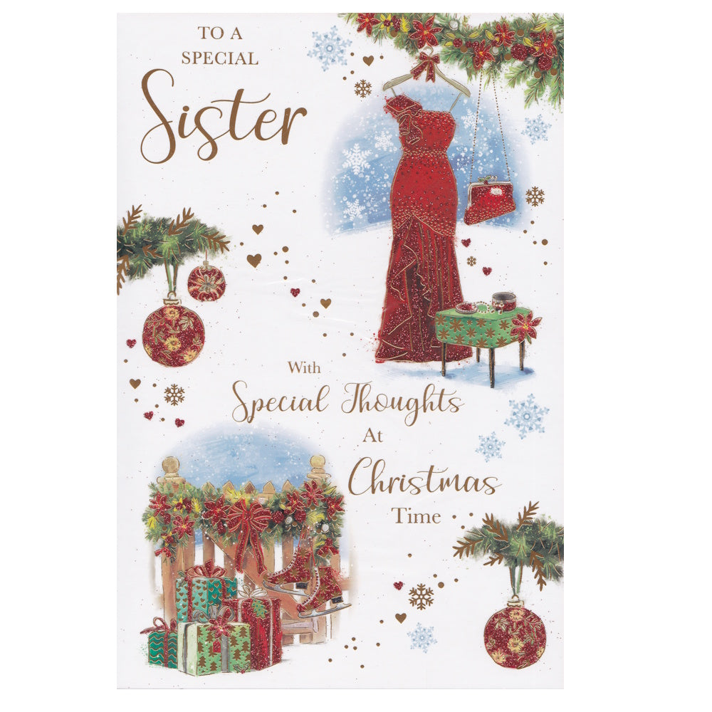 Front of this sister Christmas card features an illustration of a glittered red dress and a pile of Christmas presents, paired with a message.