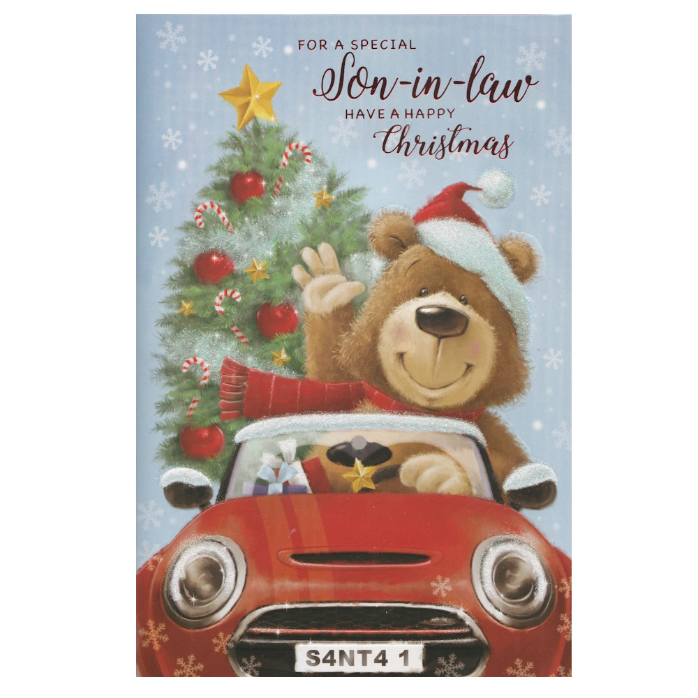 Front of this son-in-law Christmas card features an illustration of a teddy bear driving a red sports car with a decorated Christmas tree with the number plate 'S4NT4 1'.
