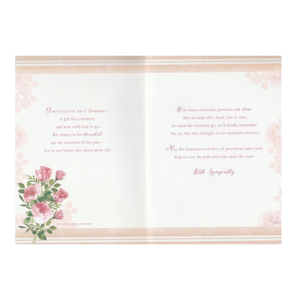 Front of this card features an illustration of a bunch of roses with the text 'With Deepest Sympathy' and 'With caring thoughts at this difficult time.'.