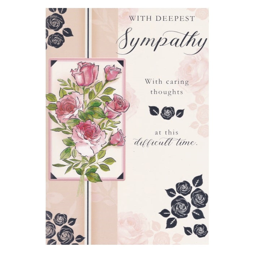 Front of this card features an illustration of a bunch of roses with the text 'With Deepest Sympathy' and 'With caring thoughts at this difficult time.'.