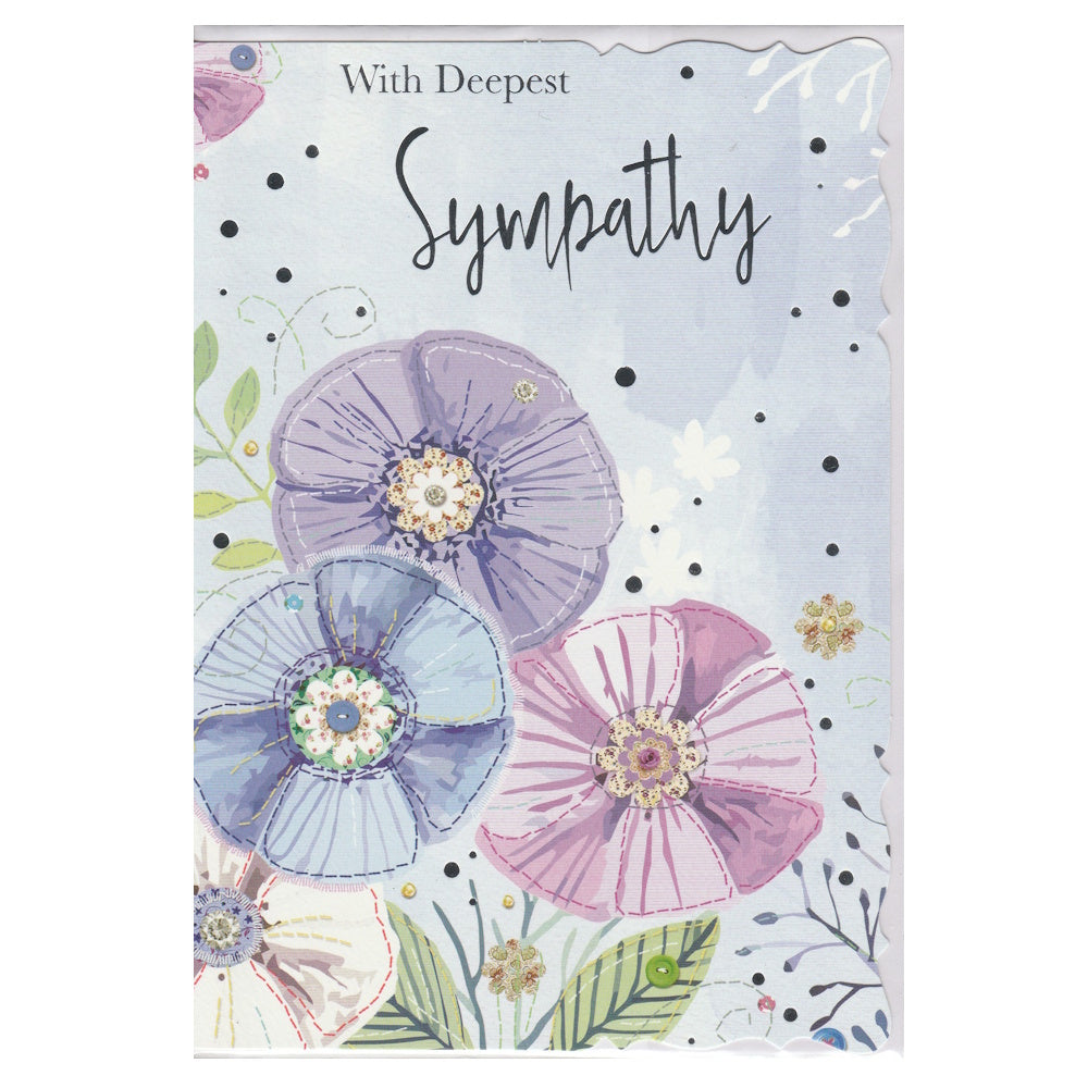 Front of this card features an illustration of colourful flowers and the text 'With Deepest Sympathy' on a light blue background.