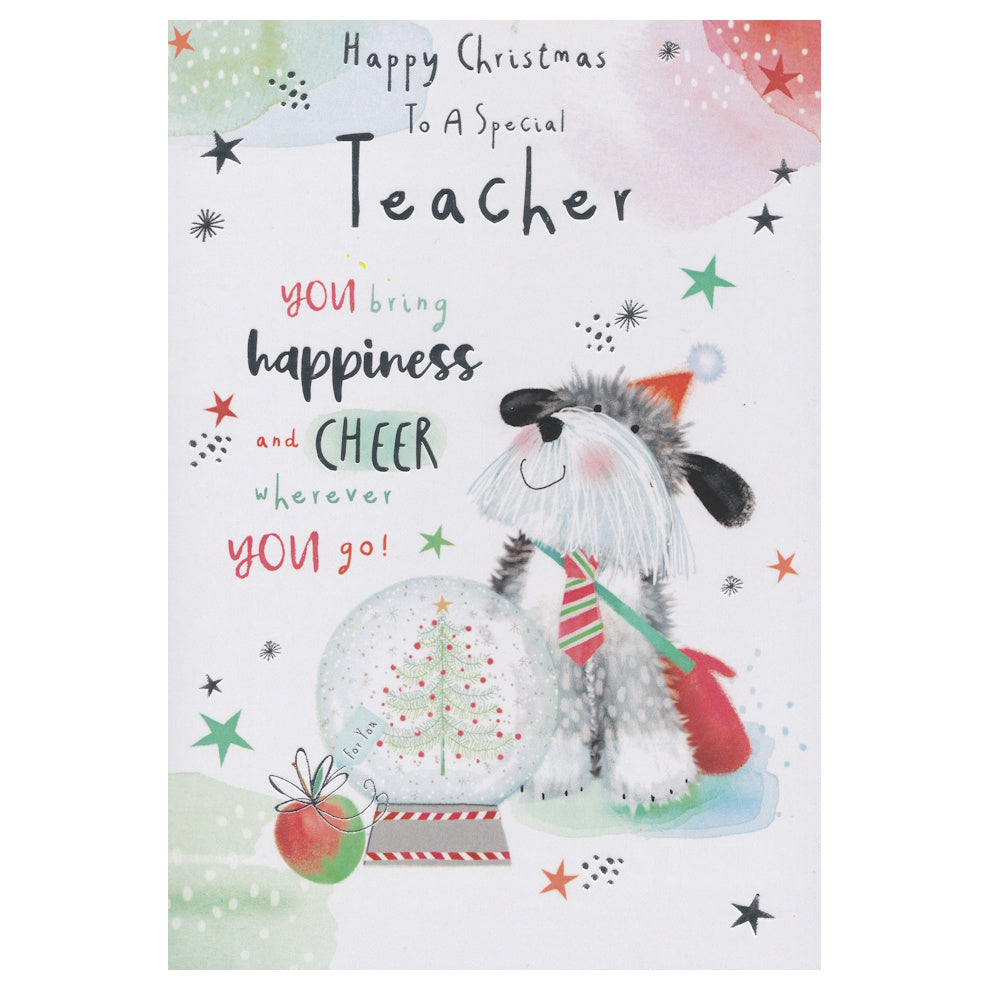 This teacher christmas card has an illustration of a cartoon dog wearing a red and green striped tie and a Christmas hat sitting next to a Christmas snow globe, paired with a message. Silver foil detail.