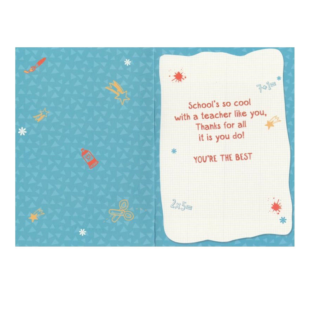 Front of this thank you teacher card features an illustration of an owl wearing a graduation cap, paired with a message.