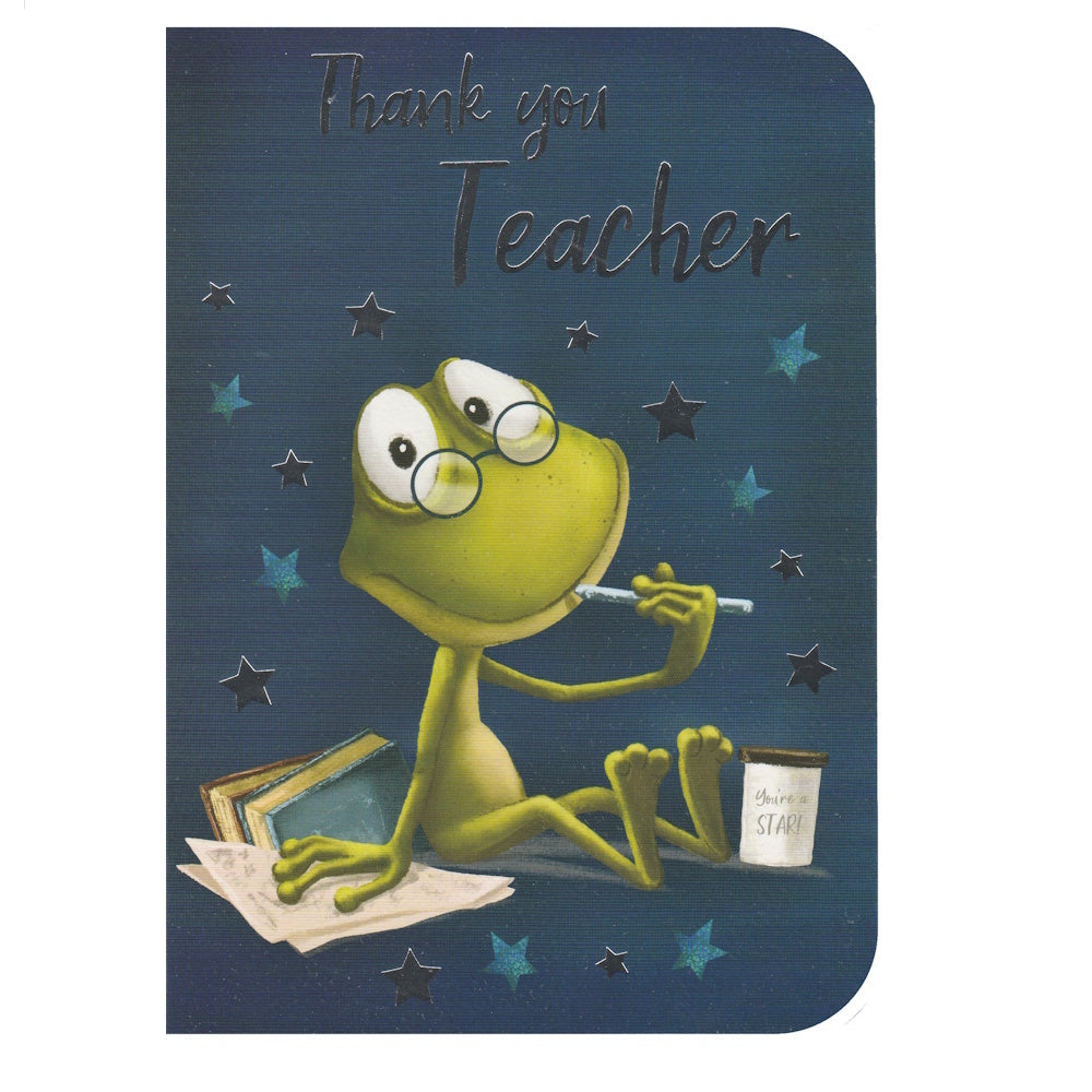 This teacher thank you card has an illustration of a spectacle wearing frog with the text 'Thank you Teacher'. Silver foil detail.
