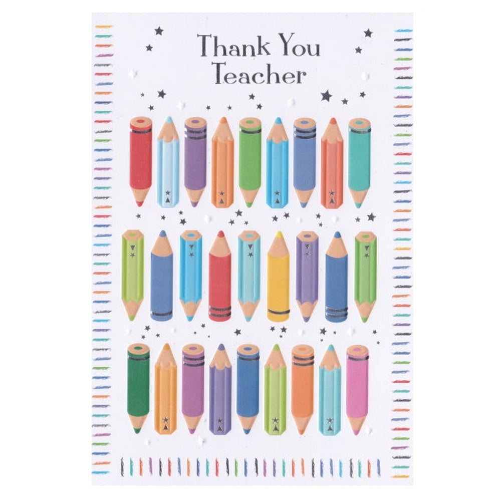Front of this thank you teacher card features illustrations of coloured pencils, paired with a message.