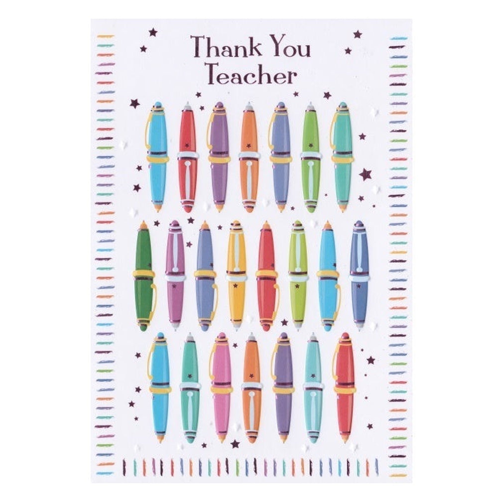 Front of this thank you teacher card features illustrations of coloured pens and stars, paired with a message.