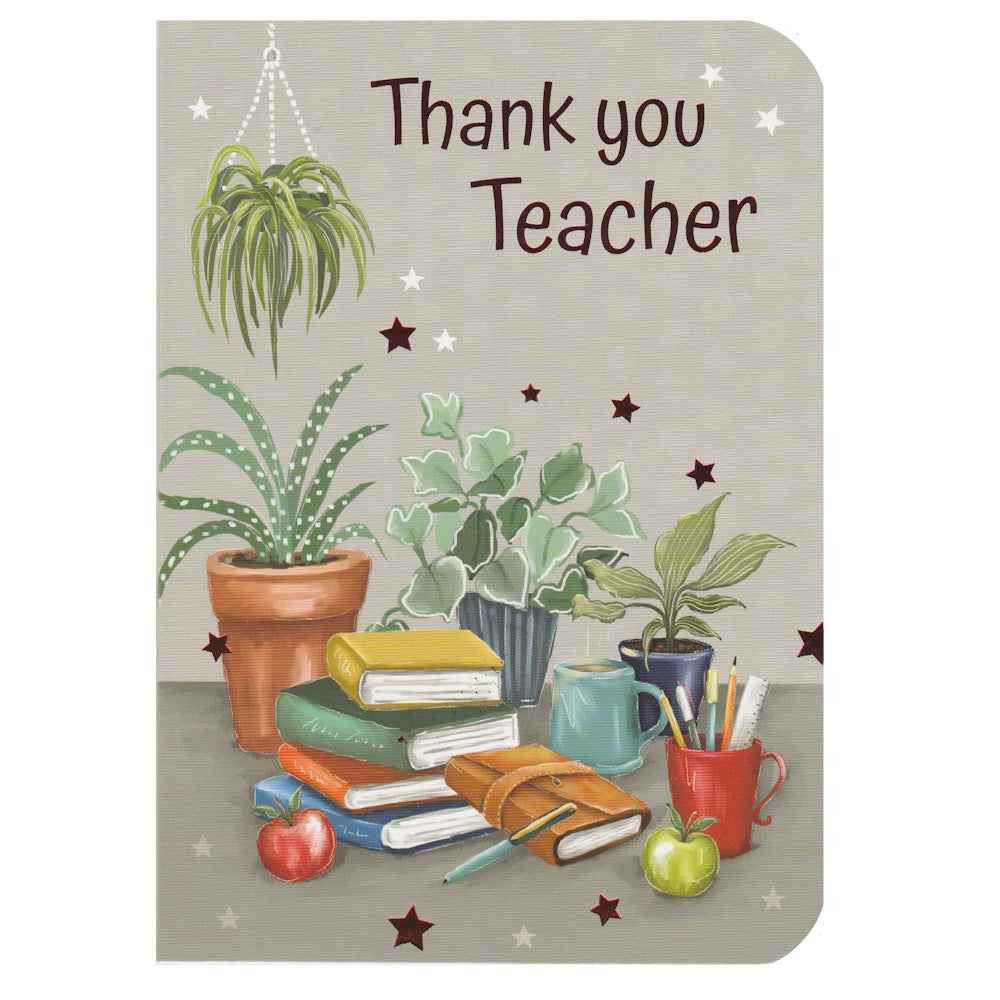 Front of this thank you teacher card features an illustrations of books with plants, stars and stationery on a grey background with the text 'Thank you Teacher'.
