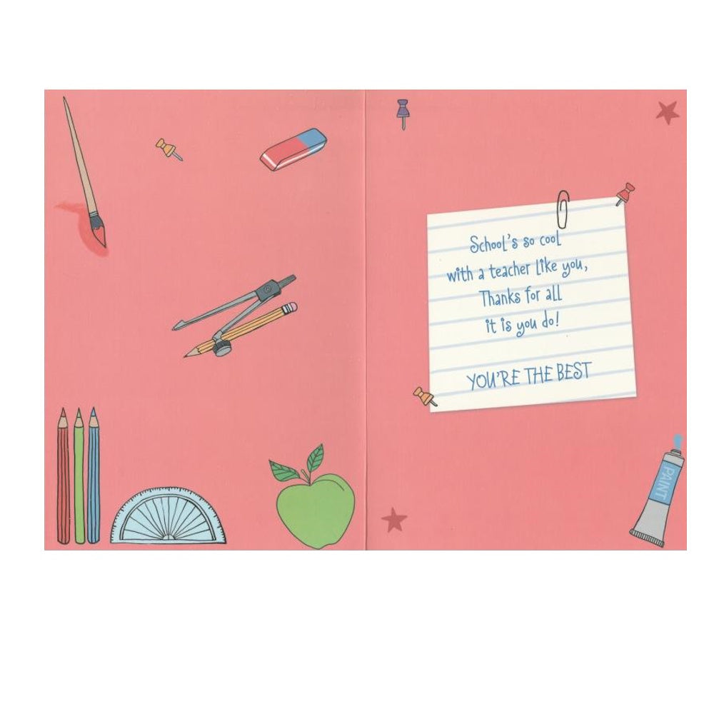 Front of this thank you teacher card features multicoloured illustrations of school stationery, paired with a message.