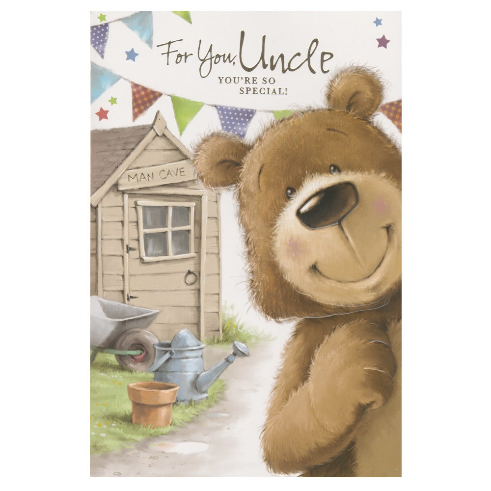 This uncle birthday card has an illustration of a bear with a garden shed with the text 'For You Uncle, You're So Special!'. Gold foil detail.