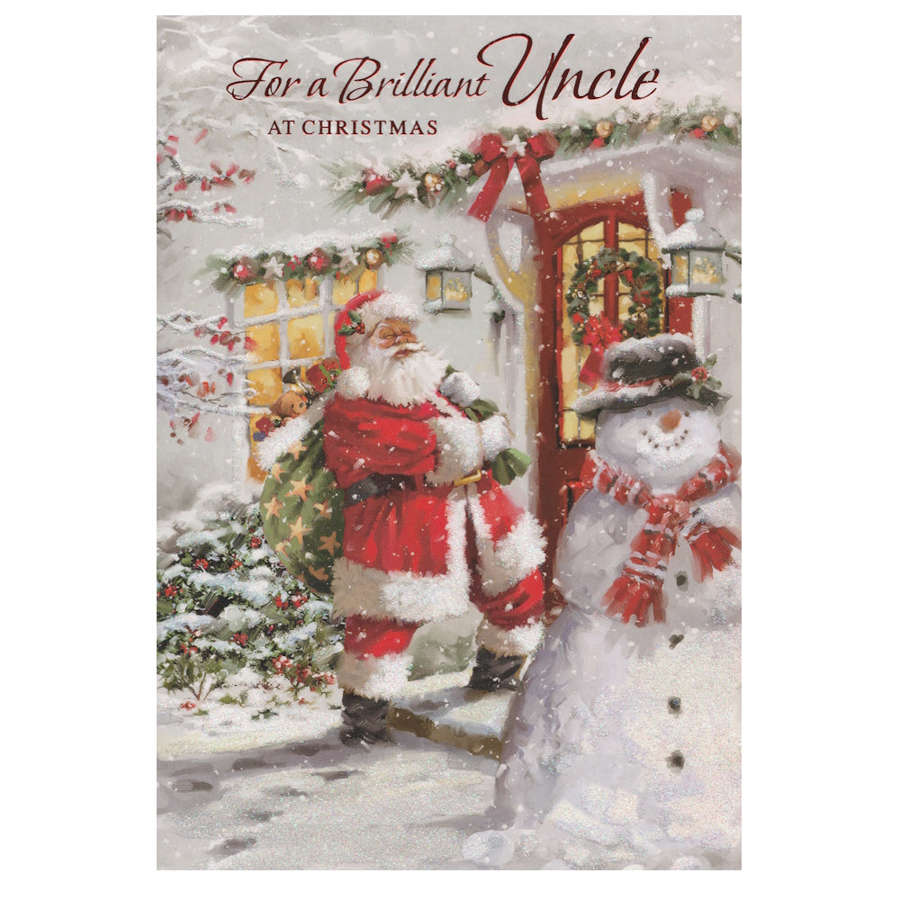 This uncle christmas card has an illustration of a front door decorated for Christmas with father Christmas and a snowman with the text 'For a Brilliant Uncle at Christmas'. Red foil detail.