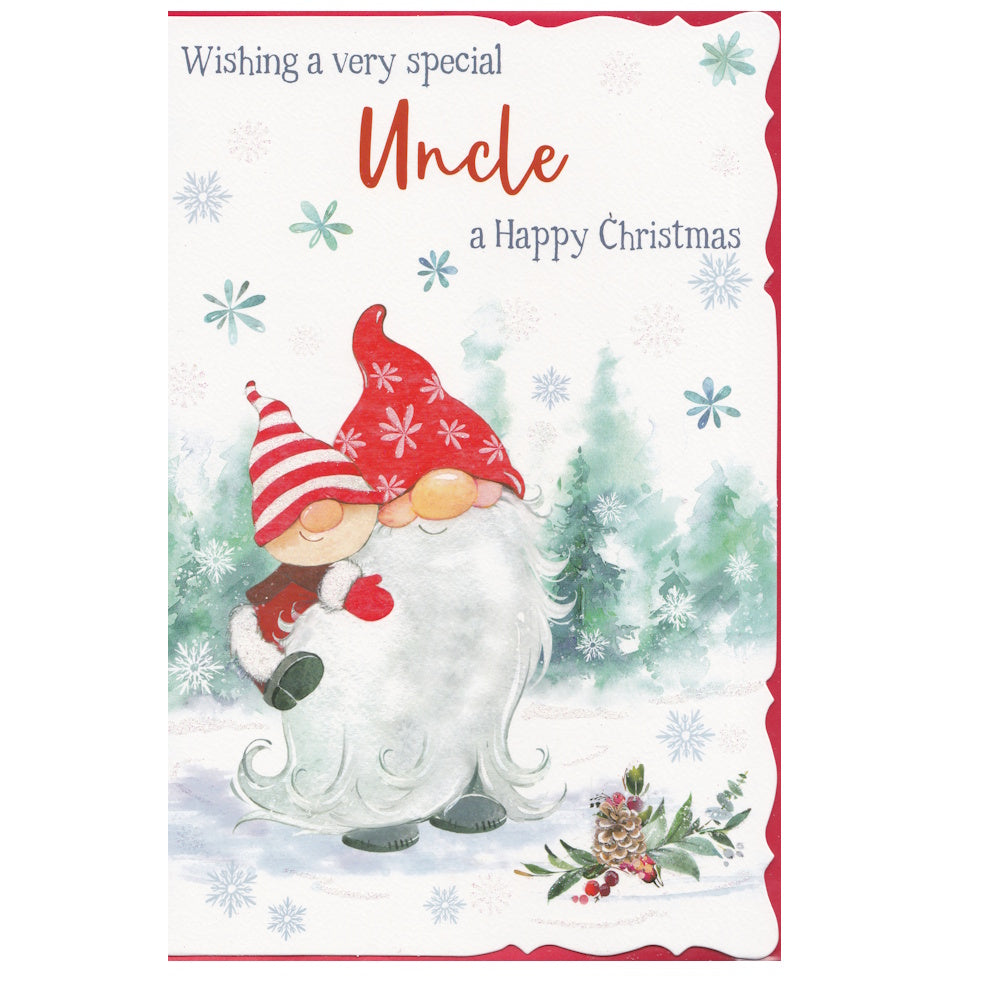 This uncle christmas card has an illustration of an uncle gnome in a snowy christmas scene, with the text 'Wishing a very special Uncle a Happy Christmas'. Glitter detail.