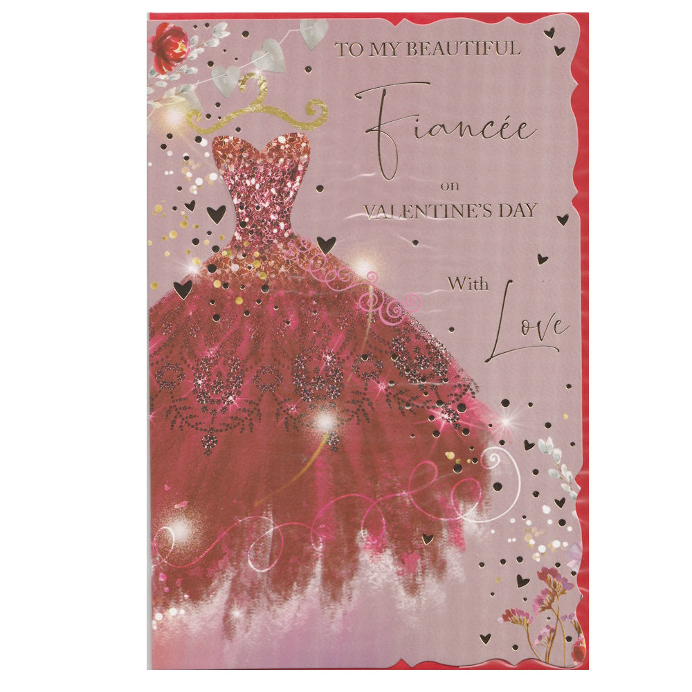 Front of this card features an illustration of a red ball gown with hearts and the text 'To my beautiful Fiancée on Valentine's Day With Love'.