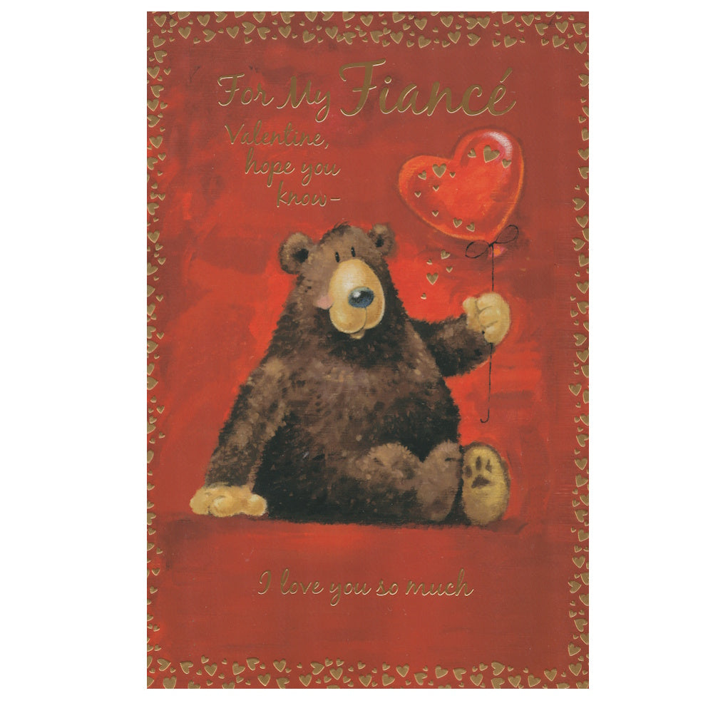 Front of this card features an illustration of a bear holding a heart shaped balloon, paired with a message.