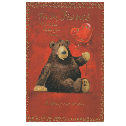 Front of this card features an illustration of a bear holding a heart shaped balloon, paired with a message.