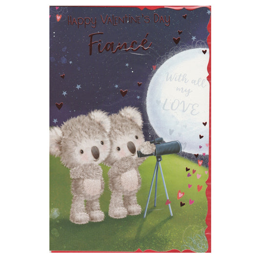 Front of this card features an illustration of koalas peeping through a telescope at the moon, paired with a message.