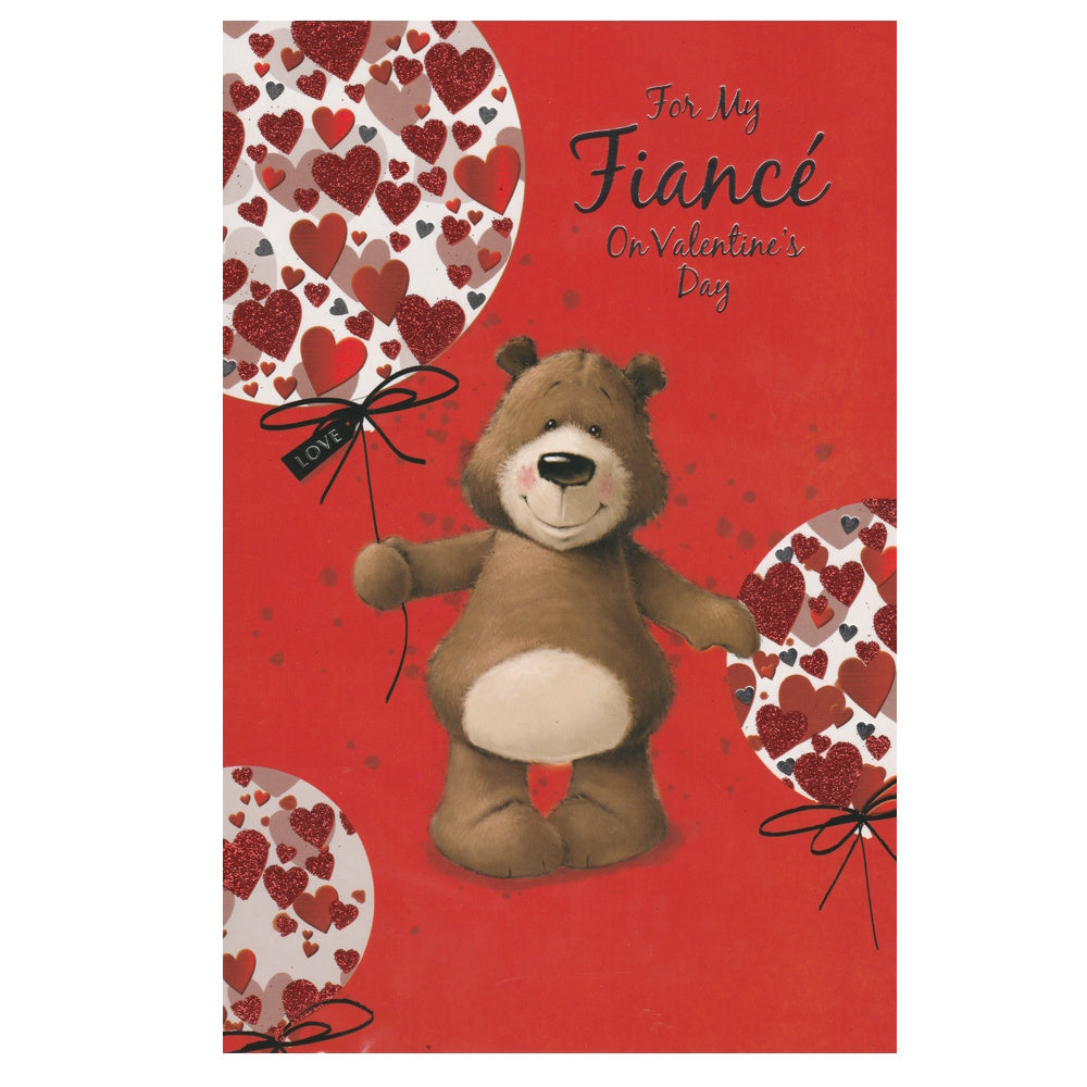 Front of this card features an illustration of a bear and three balloons filled with heart shapes, with the text 'To My Fiancé On Valentine's Day'.