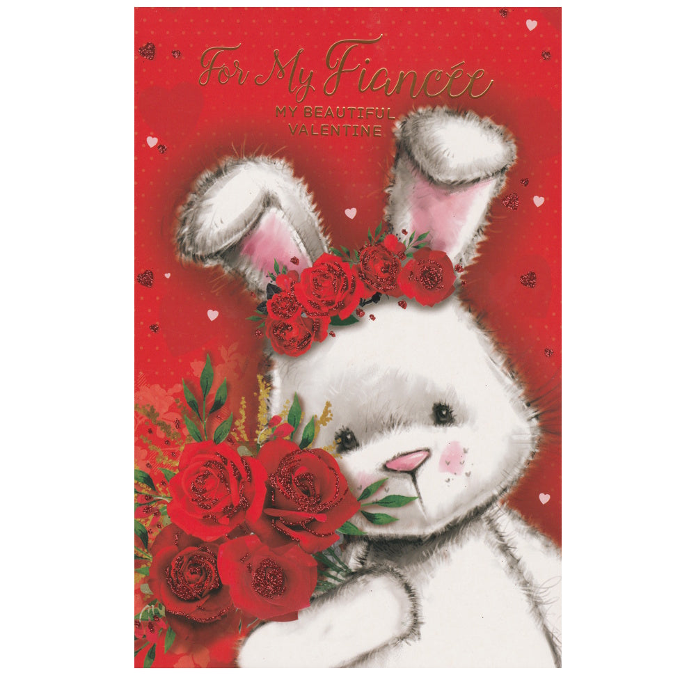 Front of this card features an illustration of a white rabbit wearing a roses head band and holding a bunch of roses, paired with a message.