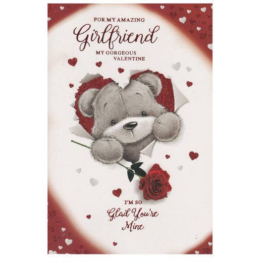 Front of this card features an illustration of a bear peeping through a heart holding a rose, paired with a message.