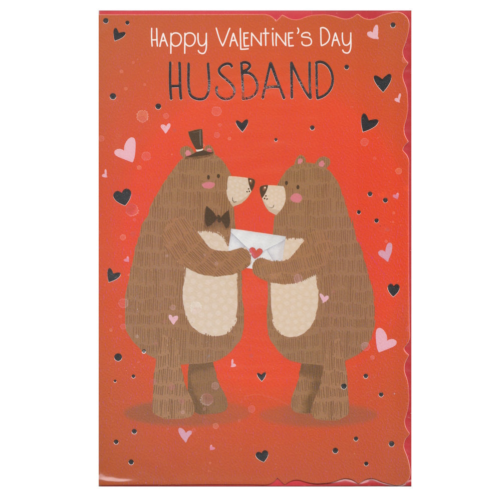 Front of this card features the text 'HAPPY VALENTINE'S DAY HUSBAND' and an illustration of a teddy bear couple.