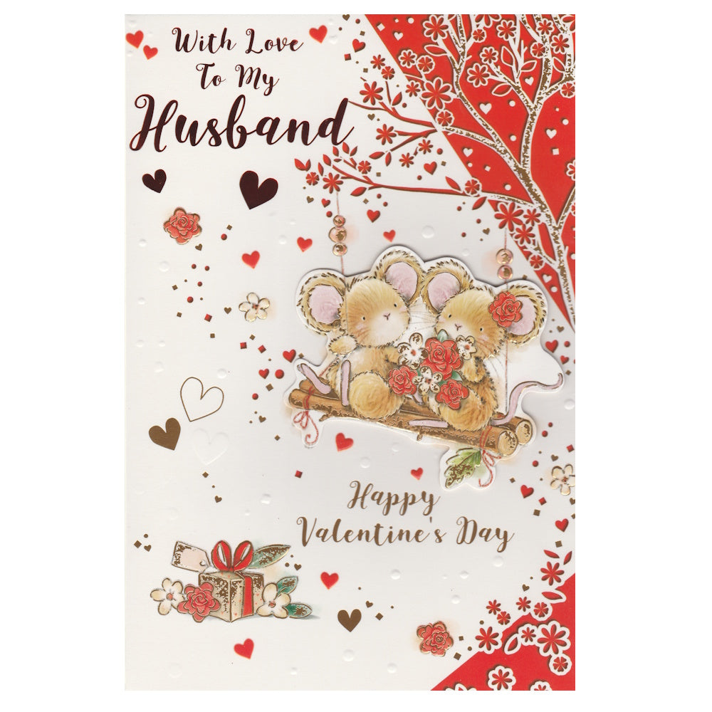 Front of this card features an illustration of two mice surrounded by love hearts on a tree branch swing, paired with a message.