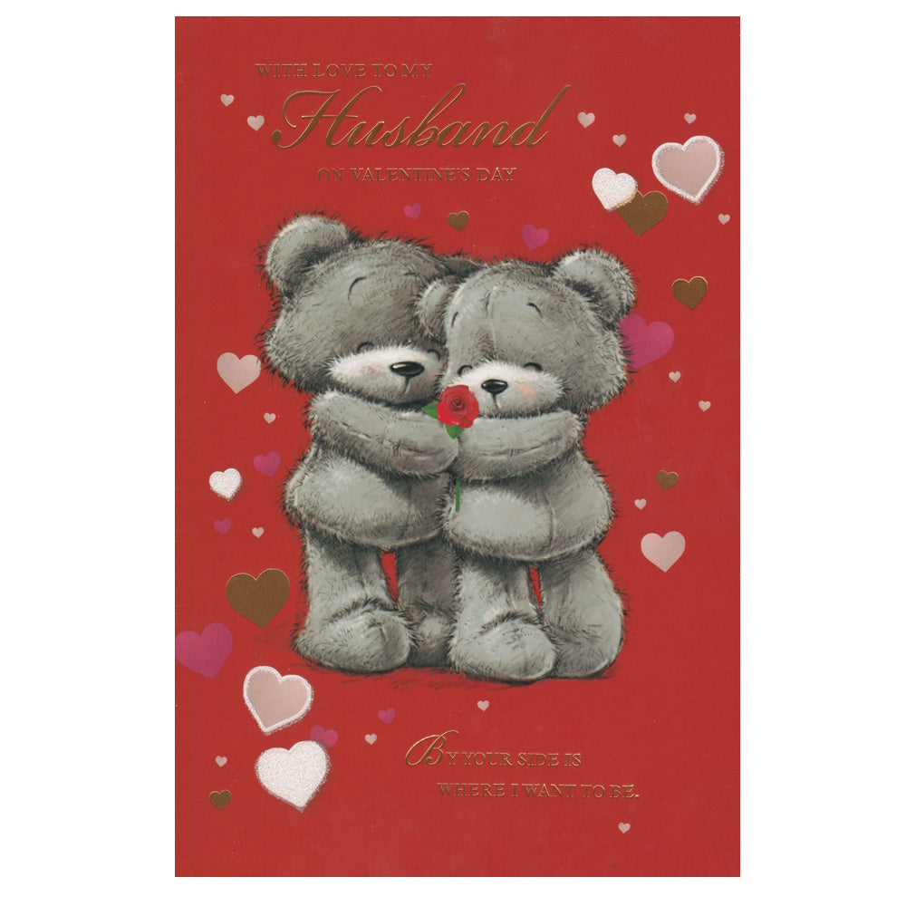 Front of this card features an illustration of two cute bears holding a rose surrounded by hearts, paired with a message.