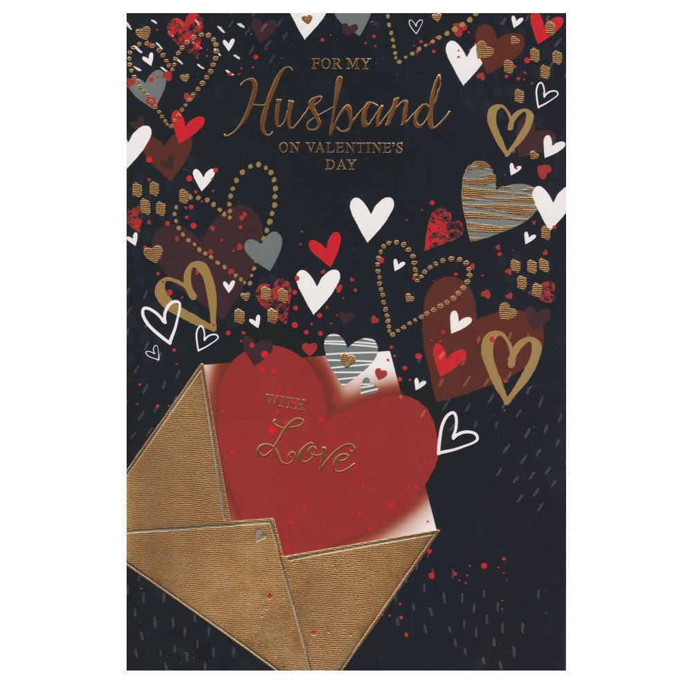 Front of this card features an illustration of multiple hearts flowing out of an envelope, paired with a message.