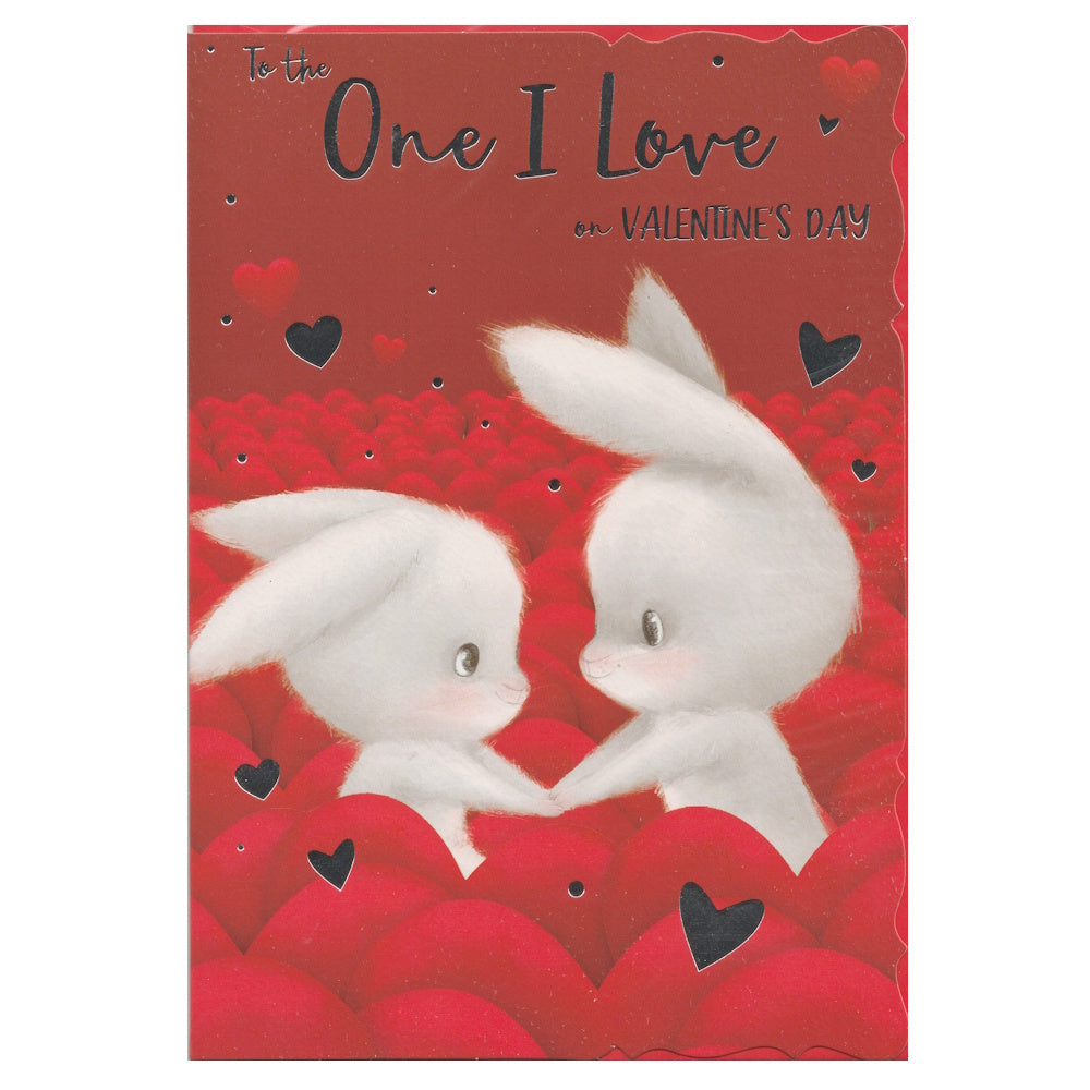 Front of this card features an illustration of two bunny rabbits surrounded by hearts, paired with a message.