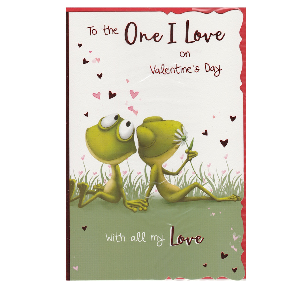 Front of this card features an illustration of two green frogs with the text 'To the One I Love on Valentine's Day With all my Love'.