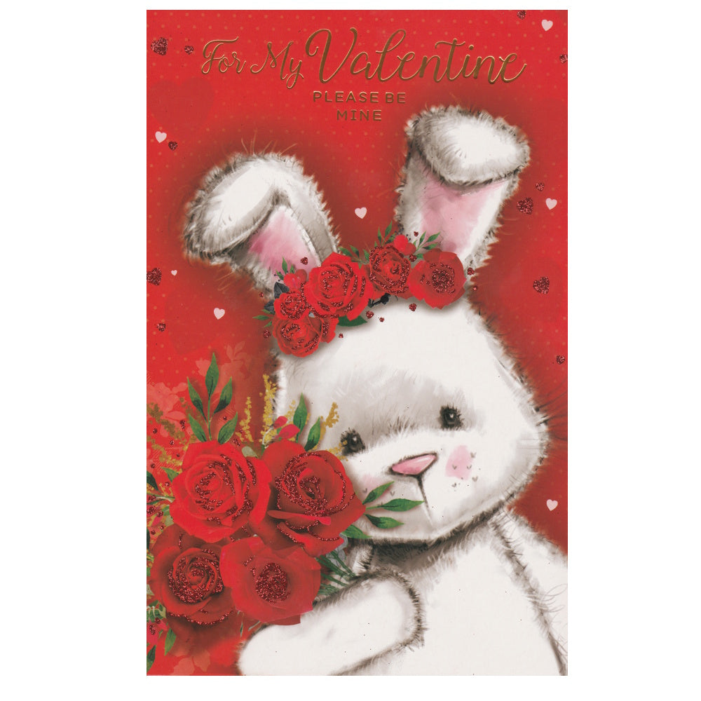 Front of this valentine's day card features an illustration of a rabbit, holding red roses, paired with a message.