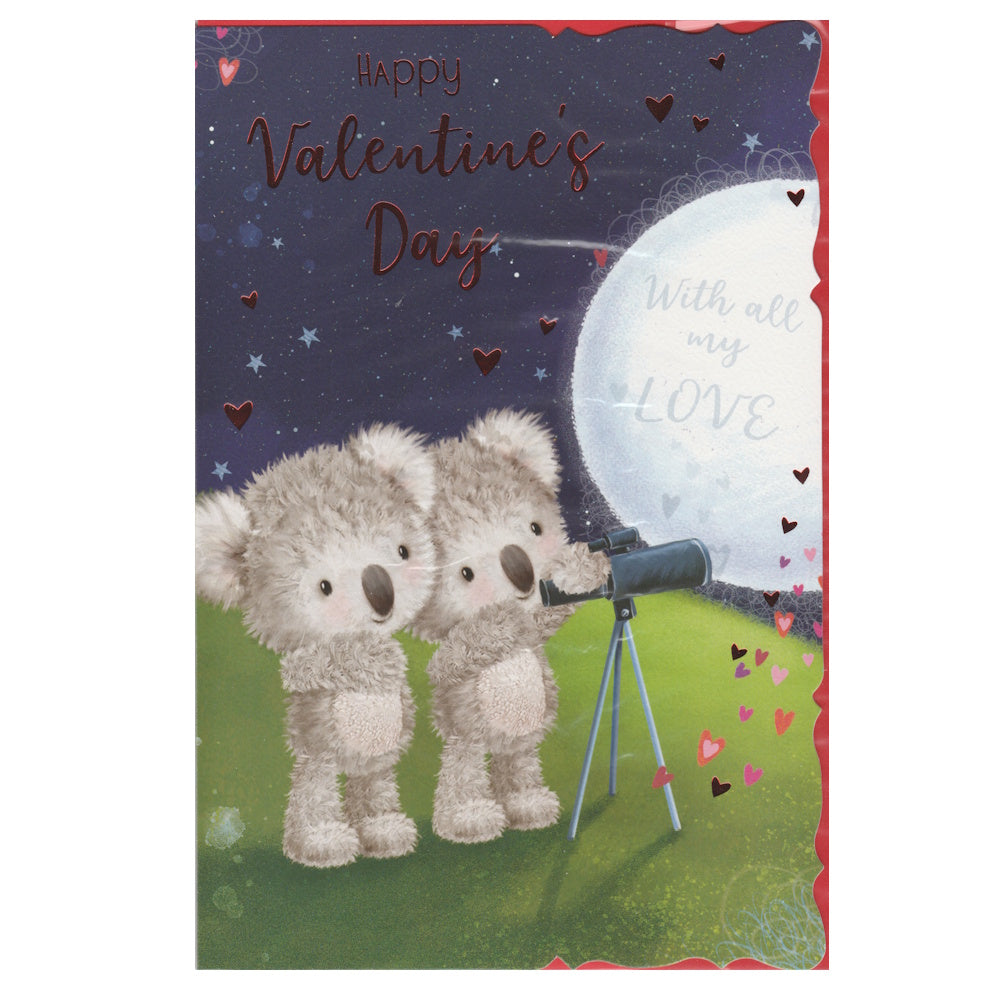 Front of this valentine's day card features an illustration of koalas peeping through a telescope at the moon, paired with a message.