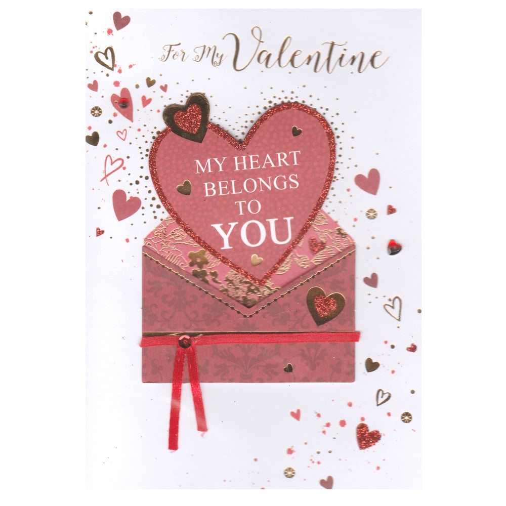 Front of this valentine's day card features an illustration of a decorative envelope and heart shaped valentine's note with the message 'MY HEART BELONGS TO YOU'.