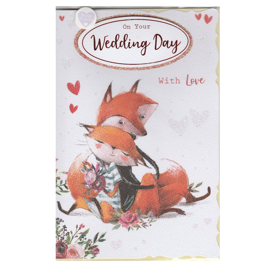 Front of this card features an illustration of two foxes with flowers, with the text 'On Your Wedding Day With Love'.