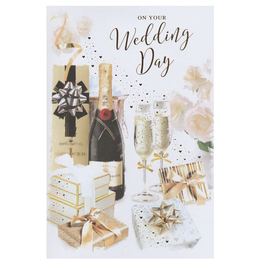 Front of this card features an illustration of gold wrapped gifts, champagne bottles and roses, with the message 'On your Wedding Day'.