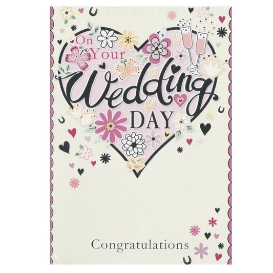 Front of this card features the text 'On Your Wedding Day' 'Congratulations' surrounded by love hearts and flowers in the shape of a heart.