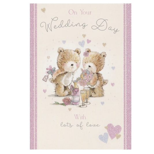 Front of this card features an illustration of two teddy bears with wedding flowers, paired with a message.